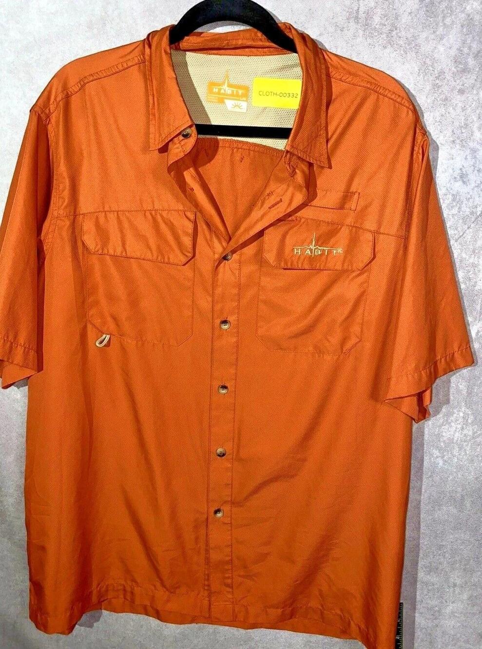Habit Shirt Mens L Orange Polyester Button Up Short Sleeve Pockets Breathable